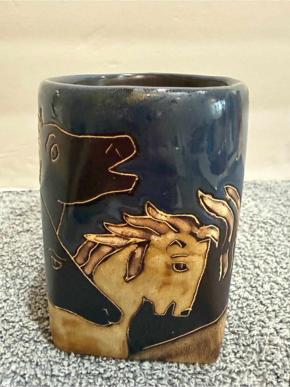 Mexican Pottery Wild Horses Coffee Mug Teal Blue Horse Cup Mara Signed Square - Picture 3 of 6